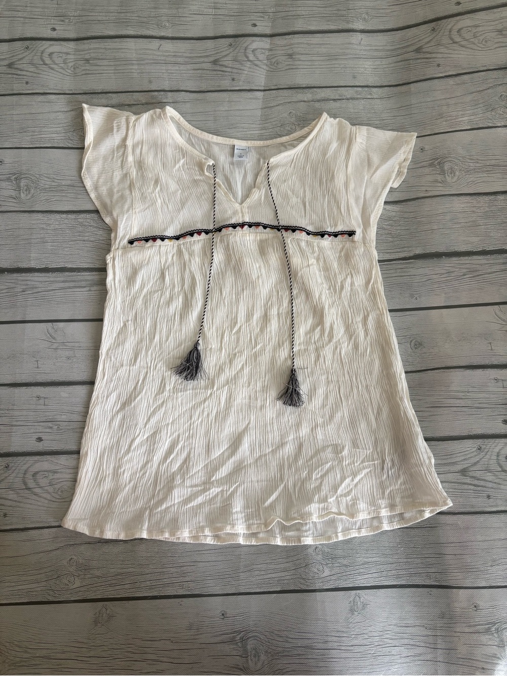 Old Navy Cream Peasant Dress with Black Tassels